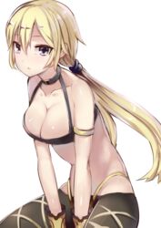  armlet battery_aida_ni_misu_ga_deta between_legs blonde_hair breasts cleavage collarbone commentary_request cowboy_shot female gina_(sennen_sensou_aigis) gloves halterneck hand_between_legs long_hair looking_at_viewer low_ponytail medium_breasts midriff ponytail purple_eyes scrunchie sennen_sensou_aigis sitting solo white_background 