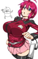  ahoge black_thighhighs blue_eyes boots breasts commentary_request female gundam gundam_seed gundam_seed_destiny highres kitsune-tsuki_(getter) large_breasts lunamaria_hawke military military_uniform miniskirt pink_skirt pleated_skirt red_hair short_hair skindentation skirt solo thighhighs uniform zettai_ryouiki 