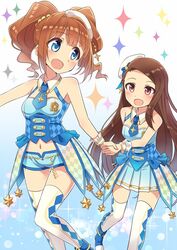  2girls bad_id bad_twitter_id blue_eyes brown_hair commentary_request hat highres holding_hands idolmaster idolmaster_(classic) idolmaster_platinum_stars minase_iori multiple_girls orange_hair pink_eyes takatsuki_yayoi thighhighs twinkle_star_(idolmaster) wagashi928 