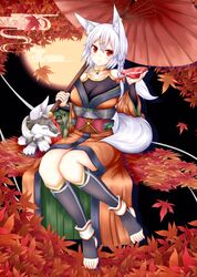  alcohol alternate_hairstyle animal animal_ears autumn_leaves banned_artist bare_shoulders barefoot breasts cleavage collarbone cup feet full_moon hair_ornament hair_ribbon hairclip highres inubashiri_momiji japanese_clothes large_breasts leaf looking_at_viewer moon no_shoes obi oohirakeisuke red_eyes red_ribbon ribbon sakazuki sake sash silver_hair sitting solo tail touhou wolf wolf_ears wolf_girl wolf_tail 