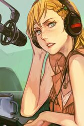  blonde_hair blue_eyes braid cup female headphones hungry_clicker jewelry koda_minare long_hair microphone mug nami_yo_kiite_kure necklace parted_lips side_braid single_braid sleeveless solo upper_body 