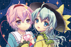  2girls bad_id bad_pixiv_id blouse blue_background blue_eyes blue_hair hairband hat hat_ribbon heart heart_hands heart_hands_duo heart_of_string komeiji_koishi komeiji_satori kumao_mofumofu looking_at_viewer looking_back multiple_girls open_mouth pink_hair purple_eyes ribbon shirt short_hair siblings sisters smile sparkle third_eye touhou upper_body 