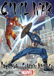  armor battle captain_america captain_america_civil_war city copyright_name duel iron_man male_focus marvel mashima_hiro multiple_boys outdoors power_armor shield steve_rogers superhero tony_stark 