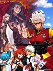  3girls 5boys :o archer_(fate) bad_id bad_pixiv_id bare_pectorals black_dress black_footwear black_hair blue_hair bodysuit boots brown_eyes brown_hair chaldea_logo character_request chest_tattoo cloud cosplay creature cu_chulainn_(fate) cu_chulainn_alter_(fate) dark_blue_hair day dress earrings facepaint facial_mark facial_tattoo fate/grand_order fate_(series) fou_(fate) fujimaru_ritsuka_(female) fujimaru_ritsuka_(female)_(chaldea_combat_uniform) fujimaru_ritsuka_(female)_(chaldea_combat_uniform)_(cosplay) fujimaru_ritsuka_(female)_(cosplay) fujimaru_ritsuka_(male) fujimaru_ritsuka_(male)_(chaldea_combat_uniform) fujimaru_ritsuka_(male)_(chaldea_combat_uniform)_(cosplay) fujimaru_ritsuka_(male)_(cosplay) glasses grey_eyes grin hair_over_one_eye hans_christian_andersen_(fate) hood jewelry knee_boots light_purple_hair long_hair mash_kyrielight medb_(fate) multiple_boys multiple_girls official_alternate_costume open_mouth orange_hair pectorals pink_hair purple_eyes red_eyes riding_crop romani_archaman sky smile spiked_hair sword tattoo tenko_ex weapon white_hair 