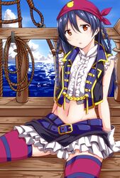  akihila alternate_hairstyle arm_support bandana belt blue_hair blush braid center_frills commentary_request cowboy_shot dancing_stars_on_me! female frills gloves hair_between_eyes long_hair looking_at_viewer love_live! love_live!_school_idol_festival love_live!_school_idol_project midriff miniskirt navel ocean open_mouth pirate railing rope rope_ladder ship sitting skirt solo sonoda_umi spread_legs striped_clothes striped_thighhighs thighhighs vest watercraft white_gloves yellow_eyes 