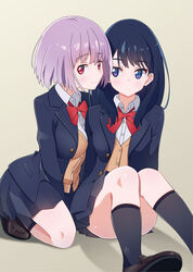  2girls beige_background black_hair blazer blush bow bowtie collared_shirt commentary gridman_universe highres jacket kneehighs loafers long_hair long_sleeves miniskirt multiple_girls nraib photoshop_(medium) purple_hair red_bow red_bowtie red_eyes school_uniform shinjou_akane shirt shoes sitting skirt smile socks ssss.gridman sweater_vest takarada_rikka yuri 