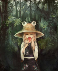  absurdres animal_print blonde_hair collarbone commentary_request eyeball female forest frog_print hair_ribbon highres long_tongue looking_at_viewer moriya_suwako nature ribbon saliva solo tongue tongue_out touhou wataichi_meko 