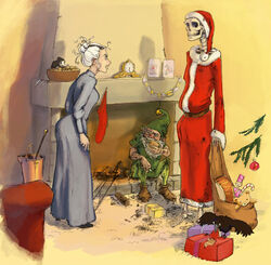  2boys alberto_malich bird candy candy_cane christmas cigarette clock crow death_(discworld) death_of_rats discworld discworld-hogfather drum fireplace hair_bun hogfather hogfather_(discworld)crow instrument multiple_boys pika-la-cynique santa_costume skeleton smoking susan_sto_helit toy toy_soldier 