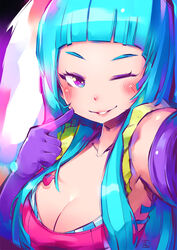  ;) andrewcockroach aqua_hair bikini bikini_top_only bikini_under_clothes blunt_bangs blush breasts cleavage elbow_gloves eyeshadow female finger_to_cheek gloves highres large_breasts long_hair makeup me!me!me! meme_(me!me!me!) one_eye_closed parted_lips photoshop_(medium) purple_eyes purple_gloves reaching reaching_towards_viewer selfie smile solo striped_bikini striped_clothes swimsuit 