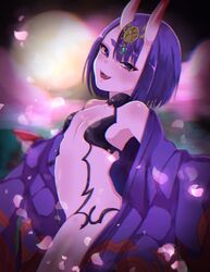  :d bare_shoulders blurry blurry_background blush breasts chromatic_aberration commentary cup depth_of_field fangs fate/grand_order fate_(series) female gaota head_tilt highres holding horns japanese_clothes kimono long_hair off_shoulder oni open_clothes open_kimono open_mouth petals print_kimono purple_eyes purple_hair purple_kimono revealing_clothes sakazuki short_eyebrows shuten_douji_(fate) skin-covered_horns small_breasts smile solo thick_eyebrows 