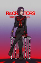  bell black_gloves braid character_name chikujouin_magane commentary_request copyright_name crossed_legs earrings female full_body gloves grin hair_bell hair_ornament highres jewelry long_hair looking_at_viewer necklace pkynocardia pleated_skirt purple_hair re:creators school_uniform serafuku sharp_teeth single_braid sitting skirt smile solo teeth thighhighs torii_earrings zettai_ryouiki 