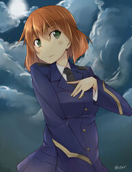  amai_nekuta amelie_planchard blush brown_hair commentary_request female green_eyes jacket looking_at_viewer military_jacket moon necktie night night_sky signature sky smile solo strike_witches:_katayoku_no_majo-tachi world_witches_series 