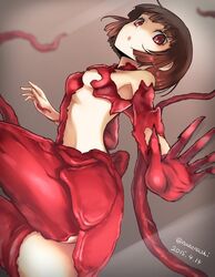  :o breasts brown_hair commentary_request female gauna gauna_491 looking_at_viewer placenta_(sidonia_no_kishi) red_eyes short_hair sidonia_no_kishi small_breasts solo tea_(nakenashi) tentacle twitter_username underboob 