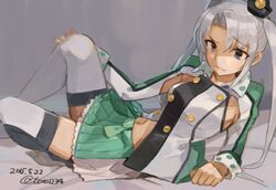  akitsushima_(kancolle) arm_support blue_eyes buttons commentary_request dated double-breasted female grey_hair kantai_collection long_hair lying miniskirt navel on_back pleated_skirt skirt solo thighhighs toro_(konirio) twintails twitter_username white_thighhighs 