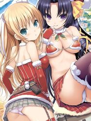  2girls bad_id bad_twitter_id bikini bikini_top_only black_hair black_legwear blonde_hair blue_eyes blush boots bra breasts christmas collar elbow_gloves fingerless_gloves garter_straps gloves gun hair_ribbon handgun hat holster inactive_account kiya_shii kurugaya_yuiko large_breasts little_busters! long_hair looking_at_viewer looking_back medium_breasts multiple_girls panties pantyshot plaid plaid_skirt pleated_skirt pom_pom_(clothes) purple_eyes red_bra red_gloves red_legwear ribbon santa_costume santa_hat skirt smile star_(symbol) swimsuit thigh_boots thighhighs tokido_saya twintails two_side_up underwear very_long_hair weapon white_panties 