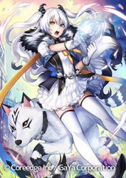  animal black_horns blue_eyes building cloud commentary_request copyright_notice copyright_request curled_horns dress female gloves hair_between_eyes heterochromia horns kgr long_hair looking_at_viewer official_art open_mouth outdoors photoshop_(medium) puffy_short_sleeves puffy_sleeves short_sleeves sidelocks silver_hair sky solo striped_tail tail teeth thighhighs two_side_up upper_teeth_only very_long_hair white_dress white_gloves white_thighhighs wolf yellow_eyes 