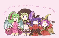  4girls animal_ears antlers arm_up bad_id bad_twitter_id bat_ears bell belt cape circlet closed_eyes commentary_request dragon_wings dress facial_mark fae_(fire_emblem) fae_(winter)_(fire_emblem) fire_emblem fire_emblem:_mystery_of_the_emblem fire_emblem:_the_binding_blade fire_emblem:_the_sacred_stones fire_emblem_awakening fire_emblem_heroes forehead_mark fur_trim gloves green_eyes green_hair halloween_costume hat horns long_hair long_sleeves midriff multi-tied_hair multiple_girls murabito_ba myrrh_(fire_emblem) myrrh_(halloween)_(fire_emblem) nowi_(fire_emblem) nowi_(halloween)_(fire_emblem) one-piece_swimsuit open_mouth pink_one-piece_swimsuit pointy_ears ponytail purple_eyes purple_hair red_eyes reindeer_antlers short_shorts shorts sleeves_past_fingers sleeves_past_wrists swimsuit tiki_(fire_emblem) tiki_(young)_(fire_emblem) tiki_(young)_(summer)_(fire_emblem) twintails wings witch_hat 