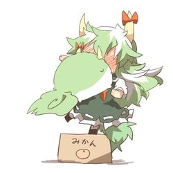  bad_id bad_link bad_twitter_id blush box cardboard_box caved_(touhou) ex-keine female green_hair headbutt horns kamishirasawa_keine long_hair lowres on_box rebecca_(keinelove) ribbon standing_on_object sukusuku_hakutaku tail touhou 