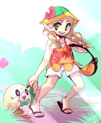  :d bag bare_arms bare_shoulders beak bird blonde_hair braid commentary_request female fingernails flower full_body grass green_eyes handbag hat hat_flower hibiscus leaf long_hair looking_away looking_to_the_side nail_polish open_mouth orange_nails orange_shirt outdoors owl pokemon pokemon_(creature) pokemon_sm pokemon_usum rowlet sandals selene_(pokemon) shirt shorts smile tank_top teeth tiptoes toenail_polish toenails tongue twin_braids walking white_shorts zanthu 