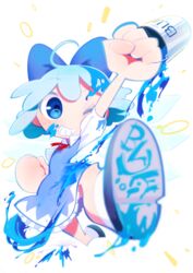  arm_up blue_bow blue_dress blue_eyes blue_hair blue_theme blurry blush bow chabi_(amedama) chibi cirno commentary_request dress english_text female full_body grin hair_ribbon hairbow highres ice ice_wings one_eye_closed paint paint_splatter puffy_sleeves ribbon short_hair short_sleeves simple_background smile solo text_focus touhou white_background wings 