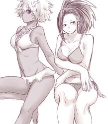  2girls ashido_mina bad_id bad_pixiv_id bare_shoulders bikini black_sclera blush boku_no_hero_academia collarbone colored_sclera crossed_arms embarrassed frilled_bikini frills greyscale hair_pulled_back invisible_chair long_hair looking_away midriff monochrome multiple_girls navel ponytail short_hair side-tie_bikini_bottom sitting swimsuit yagiushi_(sinnpatilove) yaoyorozu_momo 