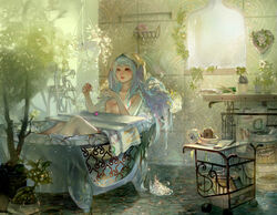  aqua_hair bath bathing bathtub blue_hair book breasts bubble bubble_bath claw_foot_bathtub cleavage commentary_request crab_d female gradient_hair headphones indoors league_of_legends light_particles long_hair md5_mismatch medium_breasts multicolored_hair nail_polish nude parted_lips photoshop_(medium) plant potted_plant slipper_bathtub soap_bubbles solo sona_(league_of_legends) sunlight towel twintails window 