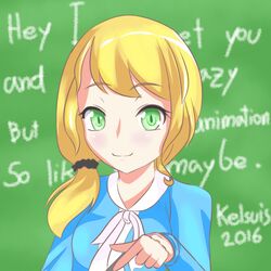  animated animated artist_name blonde_hair blue_shirt chalkboard commentary_request dated ellen_baker english_text female green_eyes kelsuis long_hair low_ponytail lyrics md5_mismatch new_horizon pointer scrunchie shirt smile solo teacher 