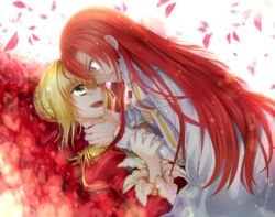  2girls blonde_hair blue_eyes boudica_(fate) boudica_(third_ascension)_(fate) clenched_teeth commentary_request empty_eyes fate/extra fate/grand_order fate_(series) flower green_eyes long_hair multiple_girls nakamura_hinato nero_claudius_(fate) nero_claudius_(fate/extra) open_mouth petals red_hair smile strangling tears teeth 