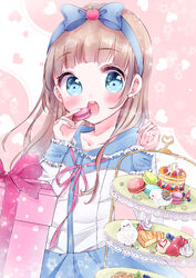  absurdres apple_hair_ornament arms_up bird blue_eyes blue_ribbon blueberry blunt_bangs box brown_hair candy cheesecake collarbone commentary_request dutch_angle eating female floral_print food food-themed_hair_ornament fruit gift gift_box hair_ornament hair_ribbon heart heart_background highres holding holding_food konpeitou long_hair long_sleeves looking_at_viewer macaron open_mouth original pancake pink_ribbon rabbitruu ribbon solo strawberry teeth tiered_tray two-tone_dress unmoving_pattern upper_body upper_teeth_only very_long_hair waffle whipped_cream 