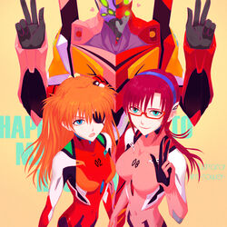  2girls angel_(evangelion) bodysuit breasts bystander commentary_request double_v eva_02 eva_08 eva_08+02 evangelion:_3.0_you_can_(not)_redo evangelion_(mecha) extra_eyes eyepatch glasses glowing glowing_eyes green_eyes headgear interface_headset makinami_mari_illustrious mass_production_eva mecha medium_breasts multicolored_bodysuit multicolored_clothes multiple_girls neon_genesis_evangelion photoshop_(medium) pilot_suit pink_bodysuit plugsuit rebuild_of_evangelion red_bodysuit robot sachiel_(evangelion) science_fiction souryuu_asuka_langley upper_body v 