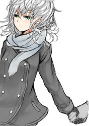  azure_luna coat commentary_request cover cover_page female gloves green_eyes holding_hands looking_away messy_hair original scarf short_hair simple_background solo_focus white_background white_hair winter_clothes 