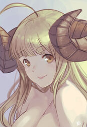  ahoge anila_(granblue_fantasy) blonde_hair breasts brown_eyes cleavage closed_mouth commentary curled_horns draph female granblue_fantasy horns large_breasts long_hair looking_at_viewer nude sheep_horns shimotsuki_eight short_eyebrows signature smile solo thick_eyebrows very_long_hair 