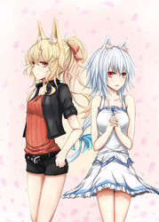  2girls animal_ears azure_luna bare_shoulders belt blonde_hair blue_hair commentary_request dress fox_ears frown hair_ornament hair_ribbon highres jacket long_hair looking_at_viewer multiple_girls open_belt open_mouth original own_hands_clasped own_hands_together ponytail red_eyes ribbon short_shorts shorts simple_background white_hair 