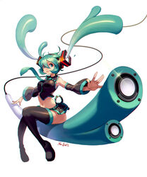  boots commentary_request detached_sleeves female floating_hair full_body green_eyes green_hair hatsune_miku highres long_hair midriff navel nawol necktie outstretched_arms photoshop_(medium) sitting skirt solo speaker spread_arms thigh_boots thighhighs twintails vocaloid white_background 