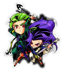  2boys arrow_(jojo) arrow_(projectile) arrow_earrings bow_(weapon) chibi commentary_request green_hair guitar highres instrument jojo_no_kimyou_na_bouken long_hair multiple_boys music nezitobi nijimura_keicho otoishi_akira pink_eyes playing_instrument purple_hair red_eyes short_hair weapon 