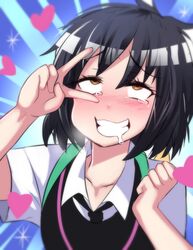  ahe_gao bad_id bad_twitter_id black_hair blush brown_eyes drooling female female_orgasm grin heart highres hinghoi marvel messy_hair orgasm peni_parker school_uniform short_hair smile solo sparkle spider-man:_into_the_spider-verse spider-man_(series) spider-verse tears upper_body v 