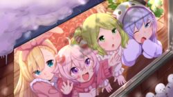  4girls :d :o antennae blonde_hair blue_eyes blue_hair brick_wall christmas_tree commentary_request dutch_angle elbow_rest facial_mark from_above green_eyes green_hair hair_ribbon hand_on_window indoors lifting_person long_hair looking_away looking_outside looking_up mononobe_alice morinaka_kazaki multiple_girls nijisanji one_eye_closed open_mouth pink_eyes pink_hair ribbon rug shadow short_hair sleeves_past_fingers sleeves_past_wrists smile snow snowman snowman_costume sweater twintails ushimi_ichigo utsusumi_kio very_long_hair virtual_youtuber when_you_see_it window windowsill wooden_floor yawning yuuki_chihiro 