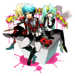  2boys agitation_(module) aqua_hair bad_boy_(module) blonde_hair blue_hair commentary_request drumsticks female gas_mask general_(module) gloves hatsune_miku highres kagamine_len kaito_(vocaloid) kore_hitotsubu long_hair mask microphone multiple_boys project_diva_(series) project_diva_f red_eyes unhappy_refrain_(vocaloid) vocaloid yellow_eyes 