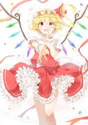  3000_xiao_chun absurdres commentary_request female flandre_scarlet frills hand_on_own_cheek hand_on_own_face hat hat_ribbon heterochromia highres looking_at_viewer mob_cap oerba_yun_fang open_mouth outstretched_hand puffy_short_sleeves puffy_sleeves red_eyes ribbon sash shirt short_sleeves side_ponytail skirt skirt_set smile solo touhou vest wings wrist_cuffs yellow_eyes 