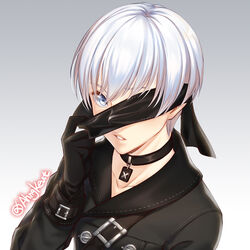  1boy 9s_(nier:automata) ahngkeut black_blindfold black_cat black_choker black_gloves blindfold blindfold_down blindfold_slip buckle buttons choker collarbone commentary double-breasted feline gloves gradient_background grey_background long_sleeves looking_at_viewer male_focus nier:automata nier_(series) one_eye_covered parted_lips photoshop_(medium) solo symbol-only_commentary twitter_username upper_body 