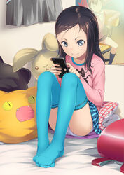  aqua_legwear backpack bag bed black_eyes black_hair cellphone feet holding no_shoes on_bed original panties pantyshot pantyshot_(sitting) phone pillow plaid poster_(object) randoseru sitting smartphone smile sody solo stuffed_toy thighhighs underwear upskirt white_panties 