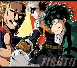  3boys all_might bad_id bad_pixiv_id bakugou_katsuki belt blonde_hair bodysuit boku_no_hero_academia english_text eye_mask freckles gauntlets gloves green_eyes green_hair male_focus mask midoriya_izuku multiple_boys outline red_eyes shaded_face sweatdrop thumbs_up yagiushi_(sinnpatilove) 