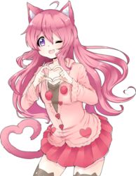  :3 ahoge animal_ears artist_request black_legwear cat_ears cat_tail female female heart heart_hands heart_tail long_hair miniskirt nyanners open_mouth pink_hair pleated_skirt purple_eyes shiny_hair skirt solo standing straight_hair tail thighhighs transparent_background zettai_ryouiki 