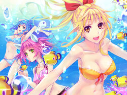  3girls air_bubble bandeau bikini blonde_hair blue_eyes blue_hair brown_eyes bubble commentary_request drill_hair fish freediving green_eyes long_hair marin_(umi_monogatari) multiple_girls nisoku_butani pink_hair ponytail swimsuit twintails umi_monogatari underwater urin_(umi_monogatari) warin 