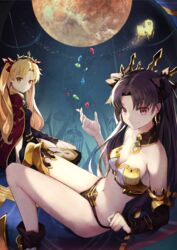  2girls arm_warmers armlet asymmetrical_legwear asymmetrical_sleeves bare_shoulders bikini black_hair blonde_hair bow breasts cleavage cloak detached_sleeves dress earrings elbow_gloves ereshkigal_(fate) fate/grand_order fate_(series) gloves hair_ribbon hairbow highres hoop_earrings infinity_symbol ishtar_(fate) jewelry long_hair looking_at_viewer medium_breasts mismatched_bikini multiple_girls navel neck_ring parted_bangs red_cloak red_eyes red_ribbon ribbon single_arm_warmer single_detached_sleeve single_elbow_glove single_sleeve single_thighhigh smile swimsuit taka.yana thighhighs tiara two_side_up underworld uneven_legwear uneven_sleeves 