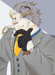  absurd_res anthro astosis ateeesta_92 blonde_hair braided_hair clothing english_text felid formal_clothing fur gloves grey_clothing hair handwear hi_res lifewonders lion live_a_hero male mammal necktie pantherine solo suit text white_body white_fur 