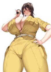  absurdres april_o&#039;neil april_o&#039;neil_(cosplay) belt black_hair breasts brown_eyes cleavage closed_mouth commentary_request cosplay curvy female from_behind hair_between_eyes hakai_shin hand_on_own_hip highres holding huge_breasts jumpsuit looking_at_viewer looking_down original short_sleeves simple_background smile solo standing thick_thighs thighs white_background wide_hips yellow_jumpsuit 