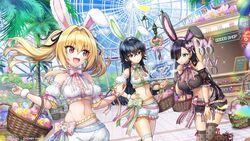  3girls animal_ears basket black_hair blonde_hair blue_eyes crossed_bangs detached_sleeves dolphin_wave easter easter_egg egg fake_animal_ears fang_out ferris_wheel hagane_otsuki hair_between_eyes hair_over_one_eye hair_ribbon hand_on_own_chin highres kazami_ellen kurose_minami long_hair multiple_girls navel oerba_yun_fang official_art ootomo_takuji palm_tree puffy_detached_sleeves puffy_pants puffy_sleeves rabbit_ears red_eyes ribbon thighhighs tree twintails 