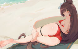  absurdres ass back barefoot beach blunt_bangs blush brown_hair commentary elias2art english_commentary feet female full_body goddess_of_victory:_nikke hair_bun highres knees_together_feet_apart legs long_hair looking_at_viewer lying on_side one-piece_swimsuit red_eyes red_one-piece_swimsuit single_hair_bun smile soles solo summer swimsuit thigh_strap toenails toes towel very_long_hair yan_(nikke) yan_(sunrise_market)_(nikke) 