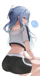  anger_vein blue_eyes blue_hair blush crop_top cropped_shirt female highres hoangryu hololive hololive_dance_practice_uniform hoshimachi_suisei long_hair looking_back midriff open_mouth panties_under_shorts pantylines shorts simple_background sitting solo spoken_anger_vein sports_bra sweat sweaty_clothes virtual_youtuber wet wet_clothes white_background 